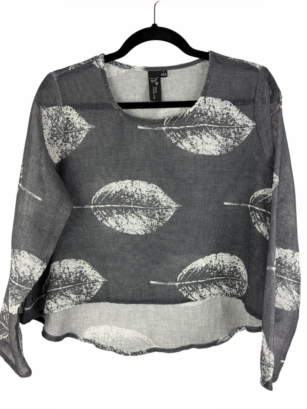 Focus Casual Life Sheer Gray Leaf Print Blouse Top Small